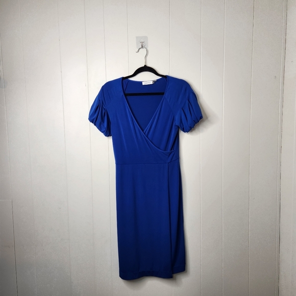 Calvin Klein Blue Short Sleeve Knee Length Dress Stretchy Wrap V-Neck Office - Picture 1 of 10